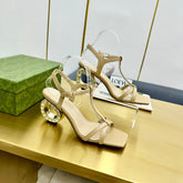 MEDIUM-HEEL SANDAL IN TAN BEIGE CALFSKIN GOLD HARDWARE WITH RHINSTONES